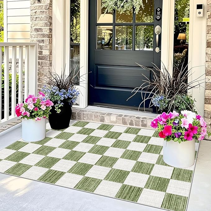 Green White Checkered Entry Rug - 3x5 Ft Non-Slip Washable Indoor Outdoor Front Door Mat Outside Entrance Porch Rug Geometric Rugs for Living Room Bedroom Entryway Kitchen Office Porch Decor
