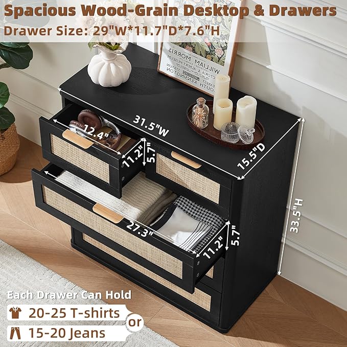 LEYAOYAO Rattan Dresser for Bedroom, 33.5" Tall Chest of Drawers, Modern 5 Drawers Boho Dressers with Storage, Light Oak Dresser Wooden Closet Organizer for Living Room, Hallway, Black