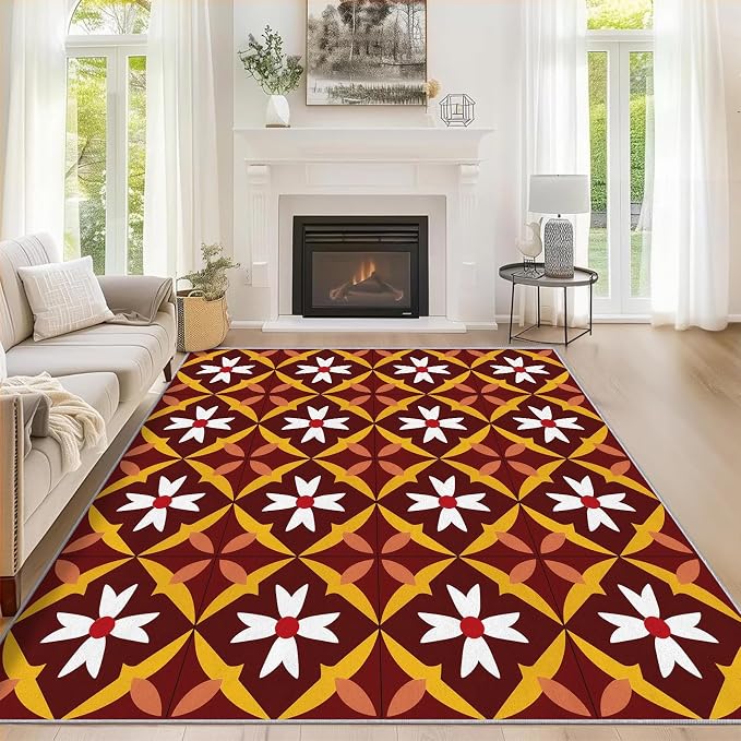 Geometric Flower Rugs for Home Decor, 4x6 ft, Mid Century Modern Area Rugs for Living Room, Soft Non Slip Washable Retro Floral Carpet Bedroom Decorations Dt-Ghf-69