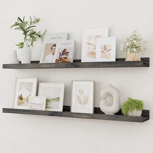Vivelove Picture Ledge Shelf, Solid Pine Wood Rustic Floating Shelves for Wall, 36 Inch Long Floating Shelves with Lip for Bedroom Kitchen Living Room Nursery Display, Set of 2 (Grey)