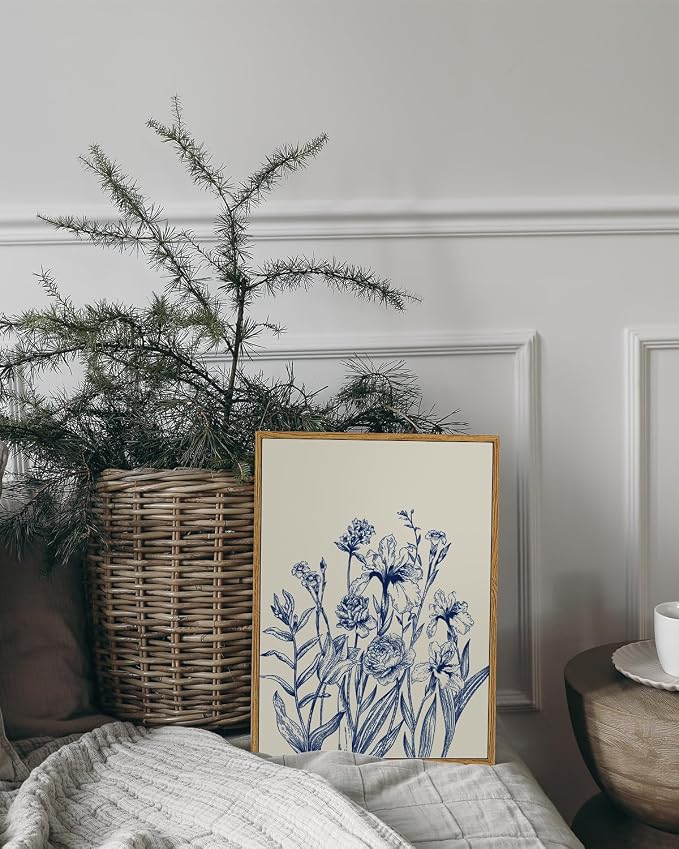ARPEOTCY Vintage Framed Canvas Wall Art, 12x16 Inch Blue Botanical Flower Wall Art, Minimalist Line Drawing Floral Print, Nature Canvas Picture for Living Room, Bedroom, or Bathroom Decor