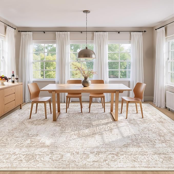 Area Rug 8x10 Vintage Rug: Large Washable Indoor Medallion Rugs Low Pile Distressed Floor Carpet Retro Accent Rug for Living Room Bedroom Kitchen Dining Table Home Office(Beige, 8'x10')