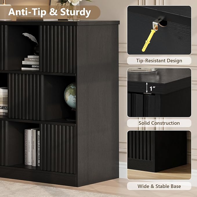 Einhomn Cube Storage Organizer with Sliding Doors, Wooden Bookshelf Storage Cabinet, 9 Cube Bookcase Organizer for Living Room Bedroom Office, Black