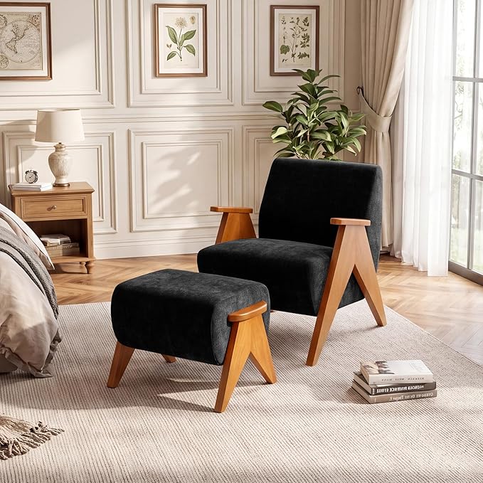 Linen Padded footstools Mid Century Modern Ottoman with Wood Frame, Lounge Upholstered Ottoman, Reading Chair, Sturdy Base, Suitable for Resting Your feet on a Lounge Chair Black