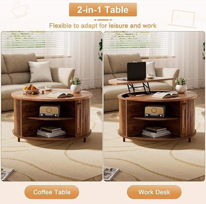 Round Lift Top Coffee Table, 31.5” Fluted Wood Lift Up Center Table with Sliding Door & Hidden Storage, Mid Century Modern Coffee Table for Living Room & Home Office (Walnut)