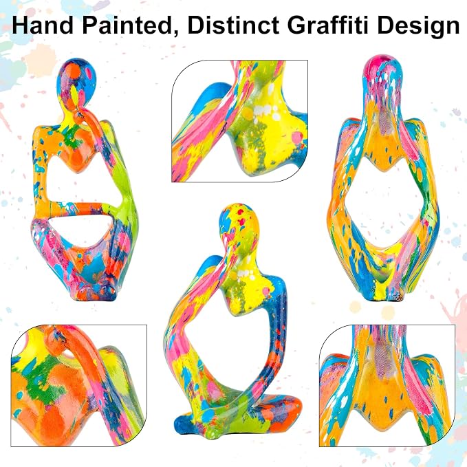 Graffiti Thinker Statue Set of 3, Colorful Abstract Resin Sculpture, Modern Pop Art Figurine for Living Room, Office & Shelf Decor