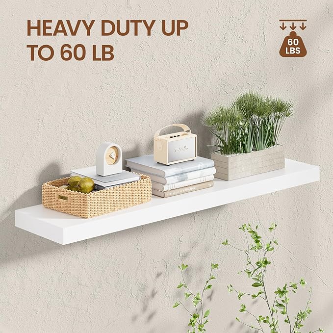 Heimlove 36 Inch Floating Shelves for Wall White Shelves Set of 2,Wall Mounted Rustic Wood 8 Inch Deep Floating Shelf with Invisible Brackets for Bedroom Kitchen Living Room