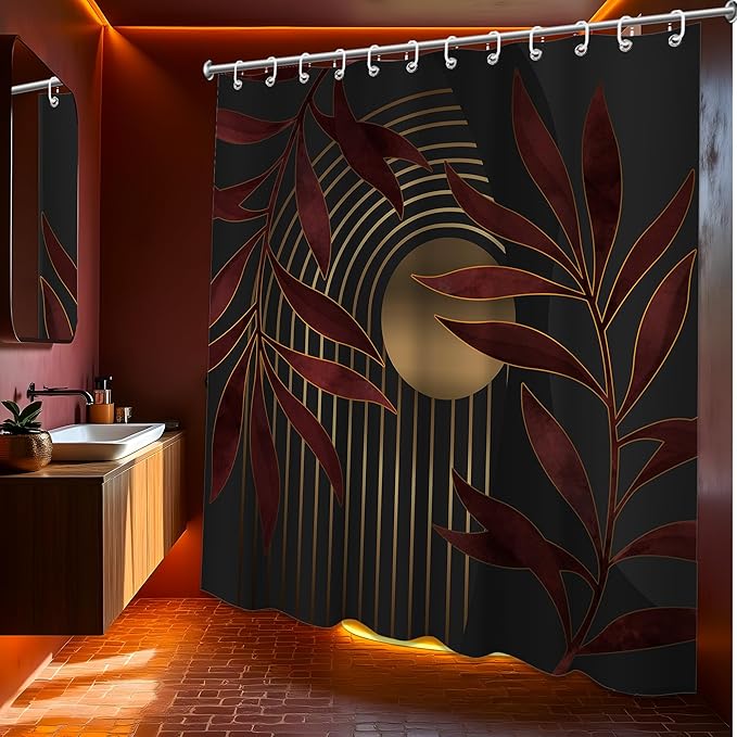 Boho Dark Red Shower Curtain, Mid Century Modern Gold Maroon Burgundy Shower Curtains for Bathroom, Waterproof Fabric Set with Hooks, 70x72 inches