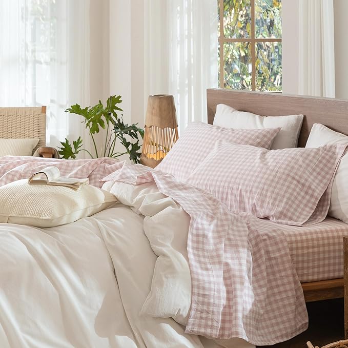 MooMee Gingham Sheet Set 100% Washed Cotton Linen Like Textured Breathable Soft w/Fully Elasticized 16-19" Deep Pocket (Classic Gingham Greyish Pink, King)