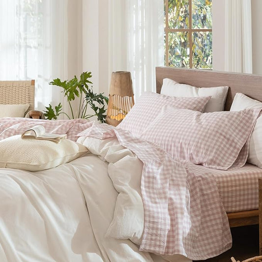 MooMee Gingham Sheet Set 100% Washed Cotton Linen Like Textured Breathable Soft w/Fully Elasticized 16-19" Deep Pocket (Classic Gingham Greyish Pink, King)
