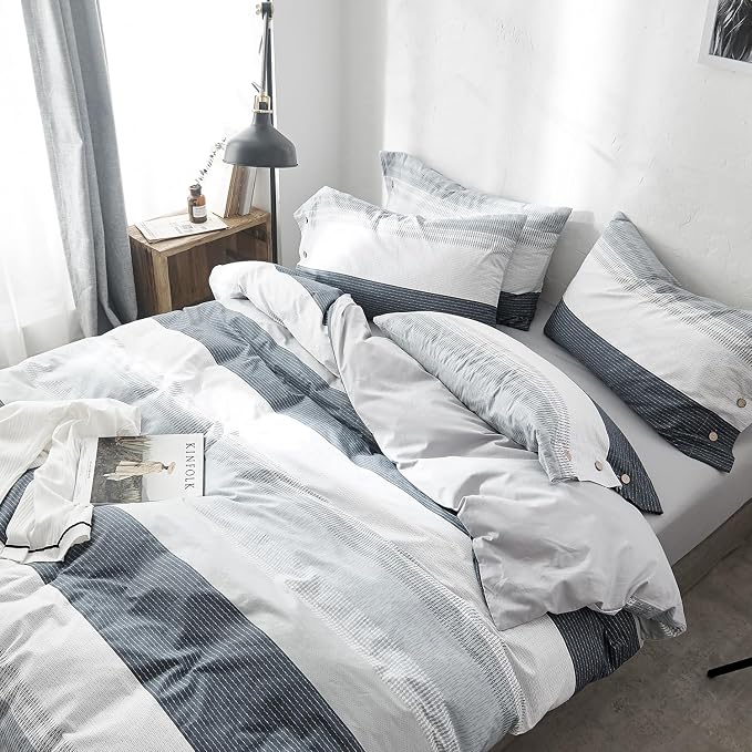 mixinni Geometric Striped Duvet Cover Set - 100% Natural Cotton, Grey & White Stripes, Twin Size, 3-Piece Bedding Set with Zipper Closure