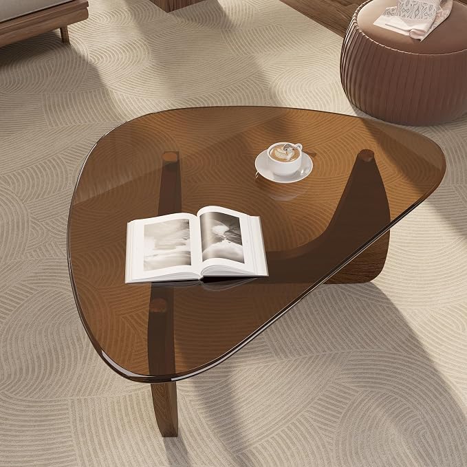 Modern Glass Coffee Table, Triangle Center Table with Tempered Glass Top& Unique Wooden Base, 35.5” Mid Century Tea Tables for Living Room, Apartment, Office,Walnut & Brown
