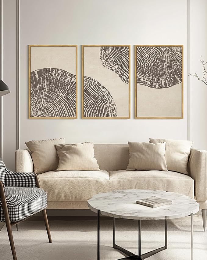 KUVIOKE Framed Tree Rings Wood Wall Art Modern Retro Beige Wood Stump Wall Decor Nature Rustic Art Print for Farmhouse Living Room Bedroom 24x36in (Natural Framed)