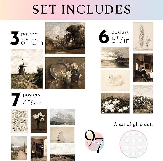 97 Decor Antique Wall Decor - 16 Pcs Vintage Wall Art Prints, Antique Pictures Landscape Painting, French Country Decoration Botanical Posters, Moody Gallery Pictures For Home Bedroom (unframed)