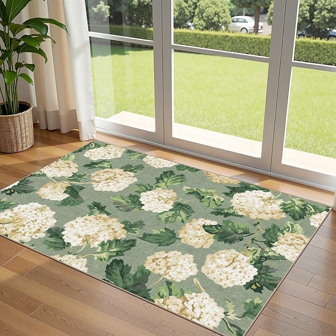 3x5 Floral Entry Rug - Small Washable Indoor Outdoor Mats for Front Door Non-Slip Porch Rug Sage Green Spring Flower Throw Rugs for Living Room Bedroom Entryway Kitchen Office Porch Decor