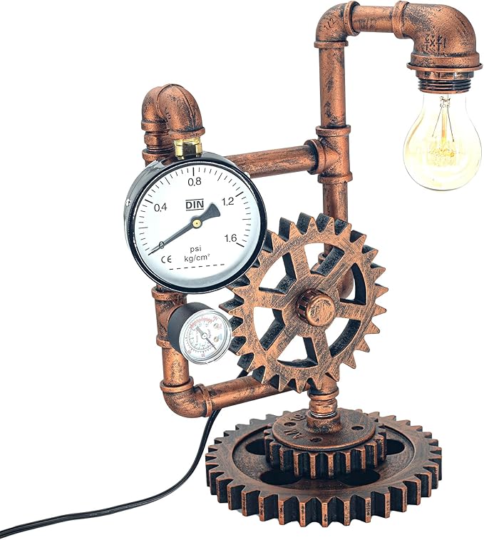 Ari Deco Industrial Steampunk Pipe Table Lamp (Dual Decorative Pressure Gauges) QTF-BT04