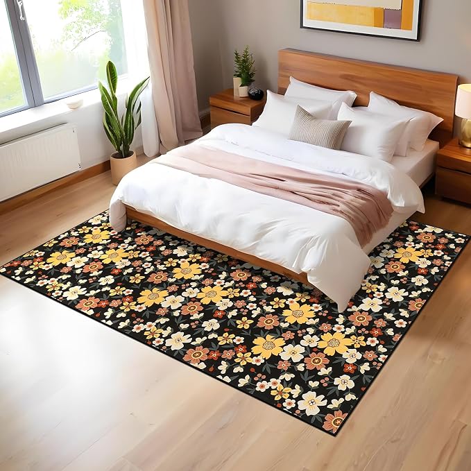9x12 Area Rug Washable Modern Floral Rug for Living Room Low Pile Soft Bedroom Rugs Non Slip Modern Indoor Large Carpet Thin Foldable Floral Carpet for Nursery Dining Playroom, Black