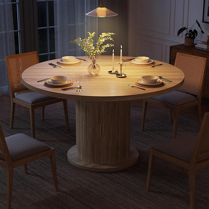 Round Dining Table for 4-6, 43.3" Modern Farmhouse Kitchen Table with Hidden Storage & Tambour Door, Japandi Style Wood Pedestal Circle Table for Small Spaces, Apartment, Dining Room, Classic Oak
