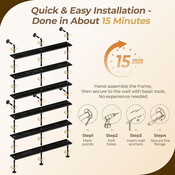 6 Tier Industrial Ladder Shelf Bookcase, Wall Mounted Rustic Bookshelf for Living Room Decor and Storage (Black, 6 Tier - 10" D x 70" W x 82.5" H)