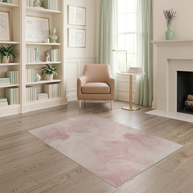 4'x6' Washable Modern Swirl Accent Rug, Cream Non-Shedding Small Carpet Pet Friendly & Kids Safe Play Mat for Playroom, Bedroom, Reading Nook | Ref:2208260