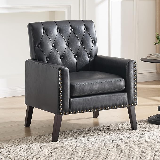 Mid Century Modern Accent Chair, Black Faux Leather Office Chair for Reception - Tufted Leather Club Chair for Living Room, Bedroom, or Waiting Room