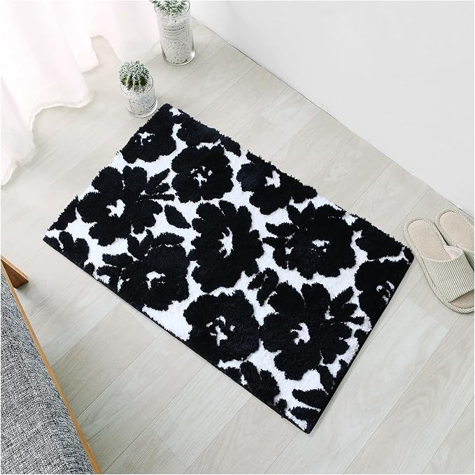 Civkor Black and White Bathroom Rug, Tufted Flower Bath Mat for Bathroom with Non Slip TPR Backing, Quick Dry Microfiber Surface, Soft and Super Water Absorbent Bath Rug, 24x16Inch