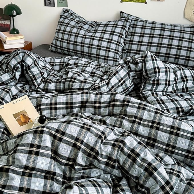 mixinni Vintage Grey & Pale Blue Buffalo Plaid Duvet Cover Set Twin Size - 3 Piece Washed Cotton Bedding Set with Grid Pattern, Soft & Breathable Duvet Cover with Pillowcases for Boys, Men& Women