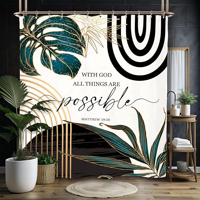 Miyotaa Abstract Bible Quotes Shower Curtain Set 60Wx71H Inches Minimalist Aesthetic Modern Contemporary Inspirational Motivational Positive Polyester Waterproof Bathroom Curtain with 12 Hooks