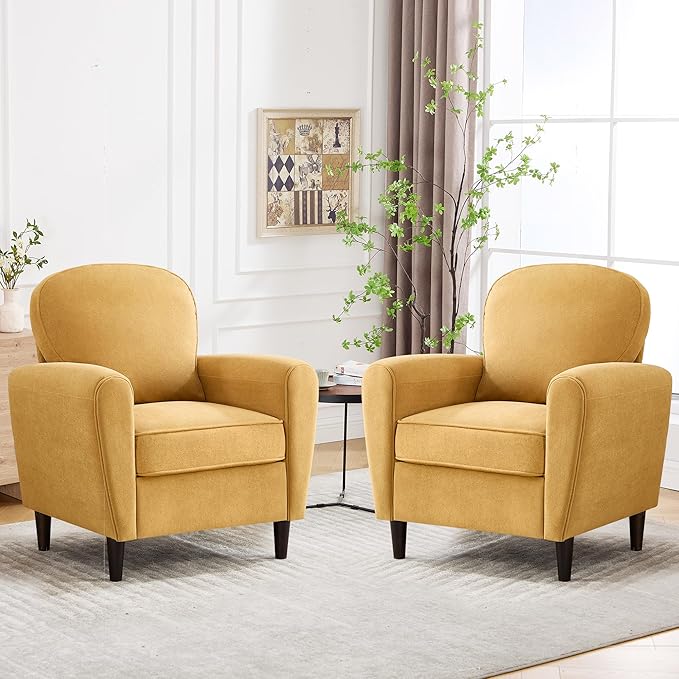 Accent Chair Set of 2, Mid Century Modern Arm Chair with Thick Cushion and Back, Comfy Upholstered Reading Chair Single Sofa Chair for Living Room, Bedroom, Club, Yellow