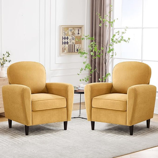 Accent Chair Set of 2, Mid Century Modern Arm Chair with Thick Cushion and Back, Comfy Upholstered Reading Chair Single Sofa Chair for Living Room, Bedroom, Club, Yellow