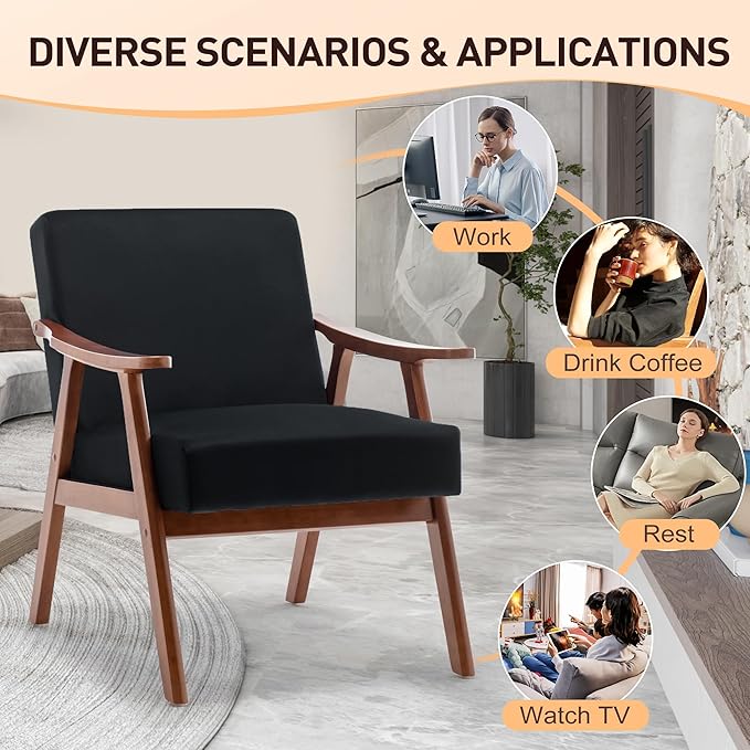 Furnimart Black Velvet Accent Chair, Mid Century Modern Living Room Chair with Wood Frame, Comfy Armchair Wingback Chair for Office Study Vanity Bedroom Waiting Room