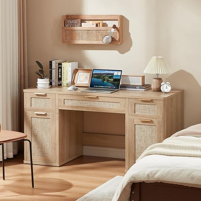 LEYAOYAO 56'' Rattan Farmhouse Executive Desk with Drawers, Wood Home Office Desk with File Cabinet and Metal Handles, Large Vintage Computer Desk for Home, Bedroom, Living Room （Natural）