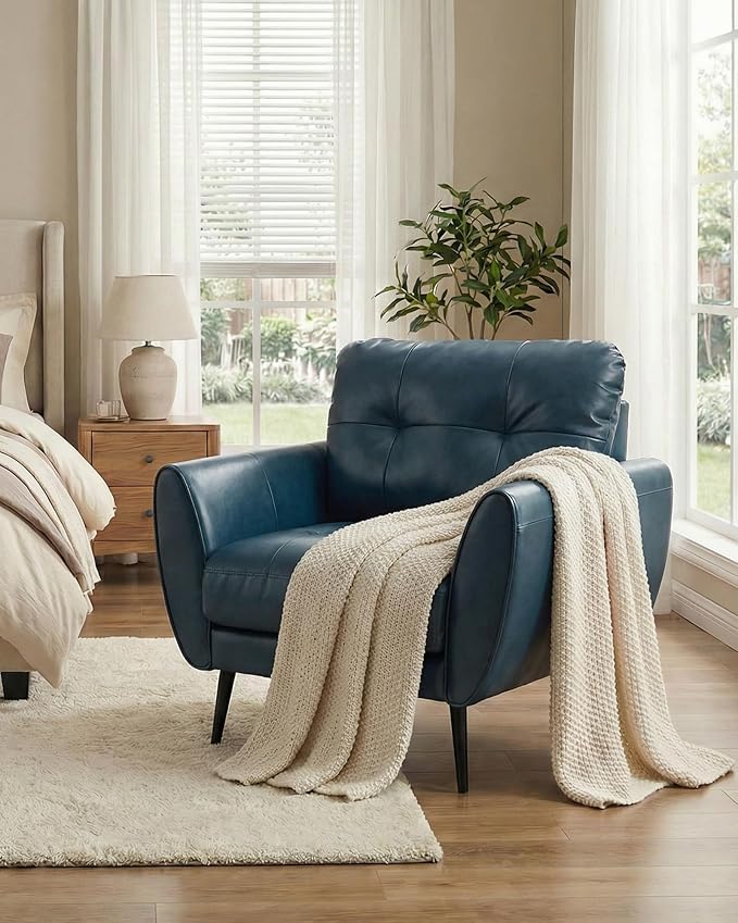 TYBOATLE Accent Chair, Comfy Modern Living Room Blue Leather Reading Accent Chairs Tufted Mid Century Arm Chair Small Salon Chair for Office Bedroom (1, Blue)