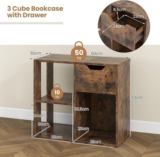 LOKO 3-Cube Bookshelf with Drawer Set of 2, 2-Tier Open Shelf Bookcase, Freestanding Display Shelf, Modern Home Storage Organizer, Shelving Unit for Living Room, Study, Office (1, Rustic Brown)
