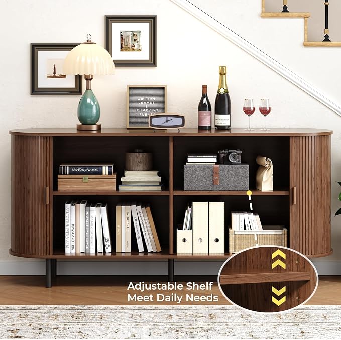 Buffet Cabinet with Storage, Fluted Sideboard Buffet with Sliding Door, Coffee Bar Cabinet with Adjustable Shelf, Console Table, Accent Table for Entryway, Kitchen (Walnut, 63 Inch)