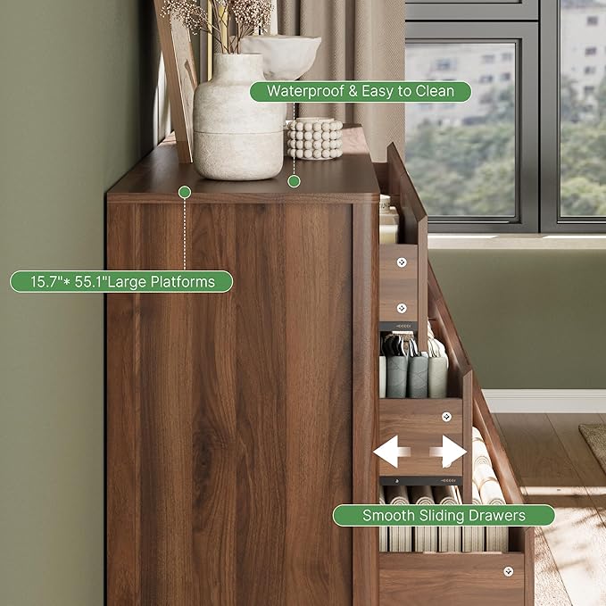 Walnut Dresser for Bedroom, 55.1" Wide Dresser with 6 Drawers and Hidden Handles, Modern Wood Chest of Drawers for Clothes and Accessories, Stylish Storage Cabinet for Living Room, Entryway