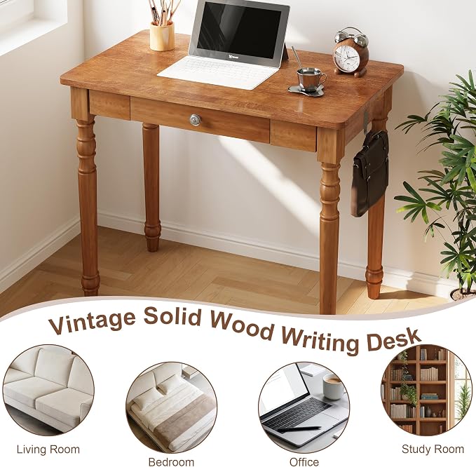 Vintage Solid Wood Writing Desk - 31.5" Mid Century Modern Desk with Drawer, Small Wooden Computer Desks for Home Office, Secretary Desks, Traditional Vanity Dressing Table for Bedroom, Walnut