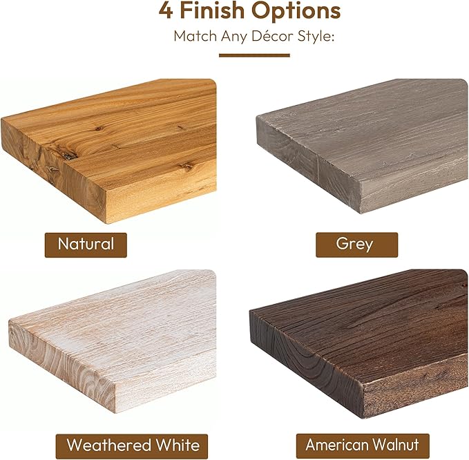 Vivelove Elm Floating Shelves for Wall Solid Wood, 24 Inches Long Rustic Wall Shelf with Invisible Bracket for Living Room Bedroom Bathroom Office Book, Farmhouse Wall Display Shelf, Set of 2 - Grey
