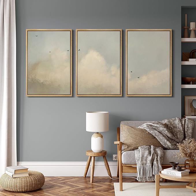 MUDECOR Framed Wall Art Print Set Minimalist Serene Sky with Birds Illustrations Modern Art Boho Decorative Colorful Chic for Living Room, Bedroom, Office - 24"x36"x3 Natural
