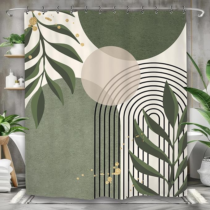 Yookeb Abstract Sage Green Bathroom Shower Curtain 60W by 71H Inch Modern Minimalist Mid Century Plant Leaves Aesthetic Neutral Geometric Contemporary 12 Plastic Hooks Waterproof Decor
