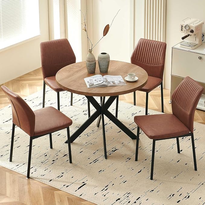 Dining Chairs Set of 4, Brown PU Leather Dining Chairs, Comfortable Upholstered Armless Kitchen Chairs with Black Metal Legs for Living Room, Dining Room, Kitchen
