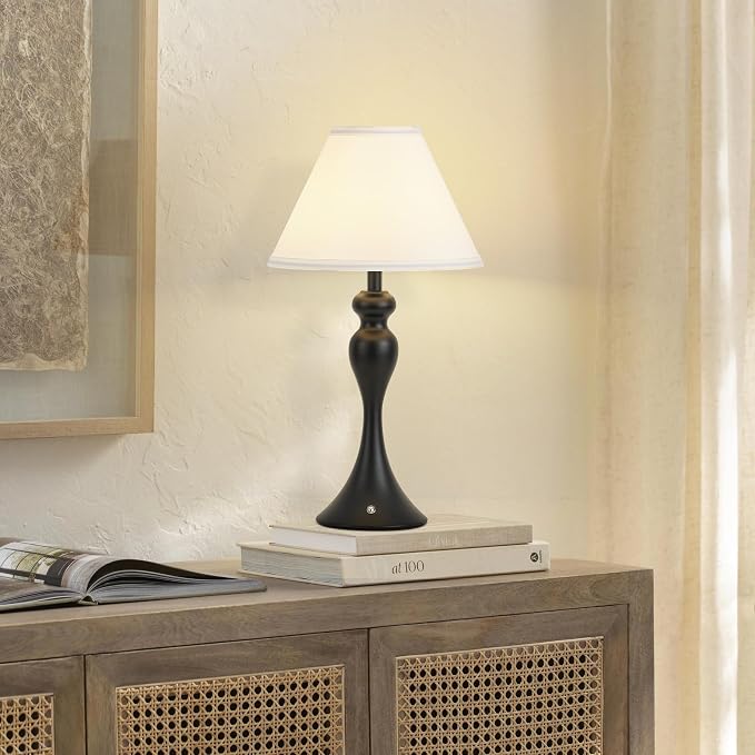 Rechargeable Cordless Table Lamps, Battery Operated Lamp with Fabric Shade for Decor, 3 Color Stepless Dimming LED Table Light, Nightstand Lamp for Nursery, Bedroom, Living Room, Home Office (Black)