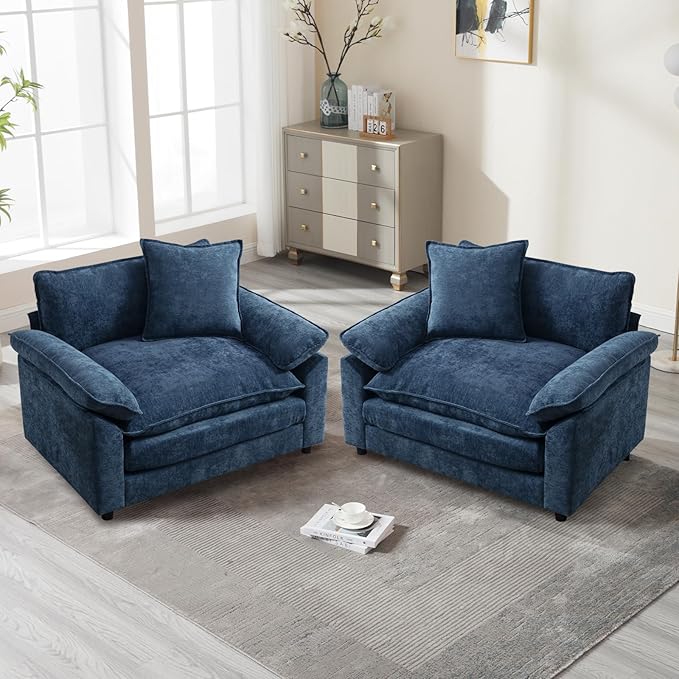 Modern Oversized Chair Set of 2, Comfy Chenille Accent Chair Large Upholstered Armchair with Extra Thick and Deep Seat Lounge Chair for Living Room,Bedroom,Apartment (Blue)