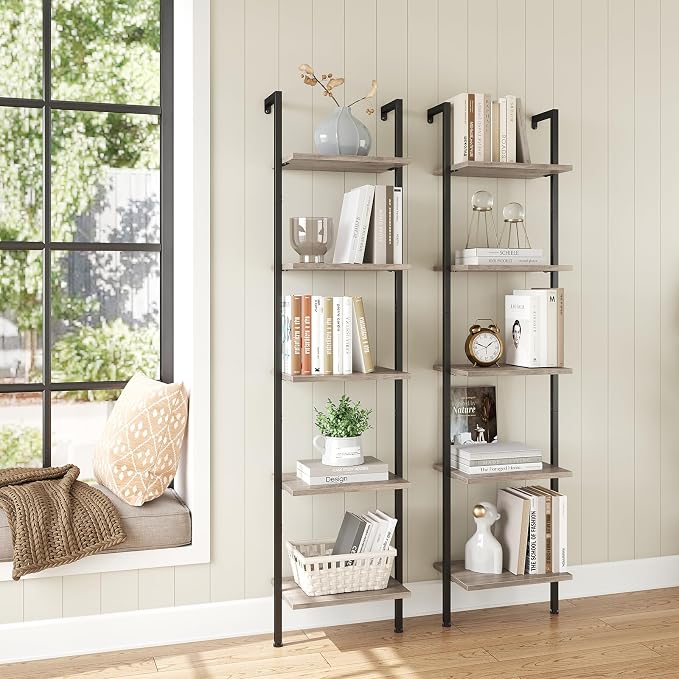 ELYKEN Ladder Shelf, 5-Tier Wood Wall Mounted Bookshelf with Metal Frame, Vintage Open Display Organizer Rack, Leaning Storage Shelves for Living Room, Bedroom, Home Office, Greige