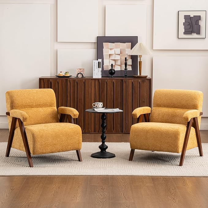 Accent Chair Set of 2 Mid Century Modern Living Room Chairs with Thick Cushion Comfy Upholstered Armchair Cozy Small Side Chairs for Reading Room Bedroom Yellow
