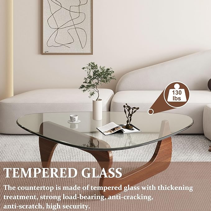 Glass Coffee Table, 44.9"×32.3"×15.8" Mid Century Modern Center Table with Triangle Tempered Glass Top, for Living Room Office Apartment