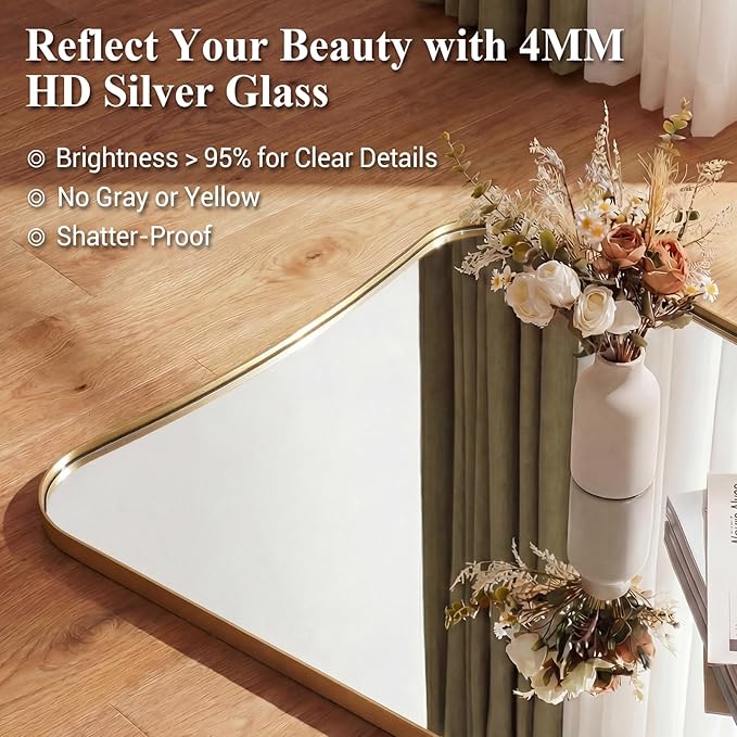 ANDY STAR Gold Vanity Mirror, 26x38 Inch Brushed Gold Asymmetrical Wall Mirror, Antique Brass Bathroom Mirror in Anti-Rust Stainless Steel Metal Frame, Large Decorative Mirror, Butterfly Shape