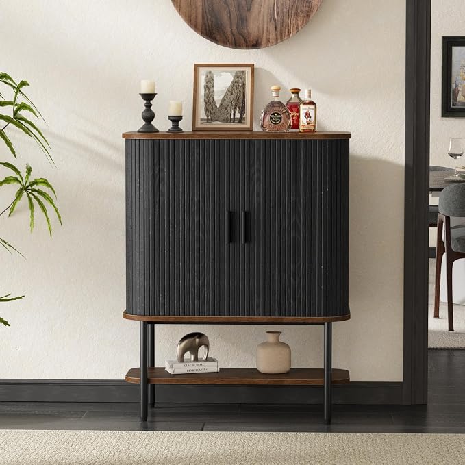 FiveWillowise Black Coffee Bar Cabinet with Storage, Fluted Wine Liquor Cabinet with Sliding Doors, Glass Holder and Wine Rack, Buffet Sideboard for Kitchen, Dining Room, Living Room