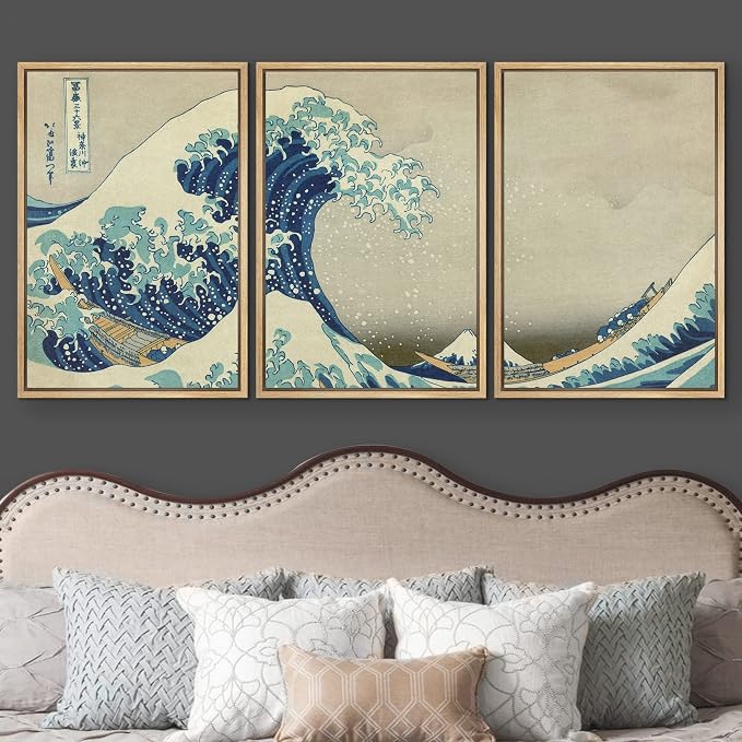 wall26 Framed Canvas Print Wall Art Set The Great Wave Off Kanagawa by Hokusai Cultural Historic Oil Painting Fine Art Reproduction Scenic for Living Room, Bedroom, Office - 16"x24"x3 Natural