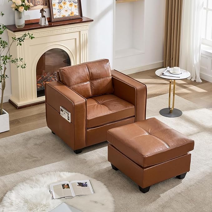TYBOATLE Oversized Accent Chair with Ottoman, Wide Chaise Lounge Chair Indoor, Mid-Century Modern Armchair with Pockets, Leather Comfy Chairs for Bedroom, Living Room, Office